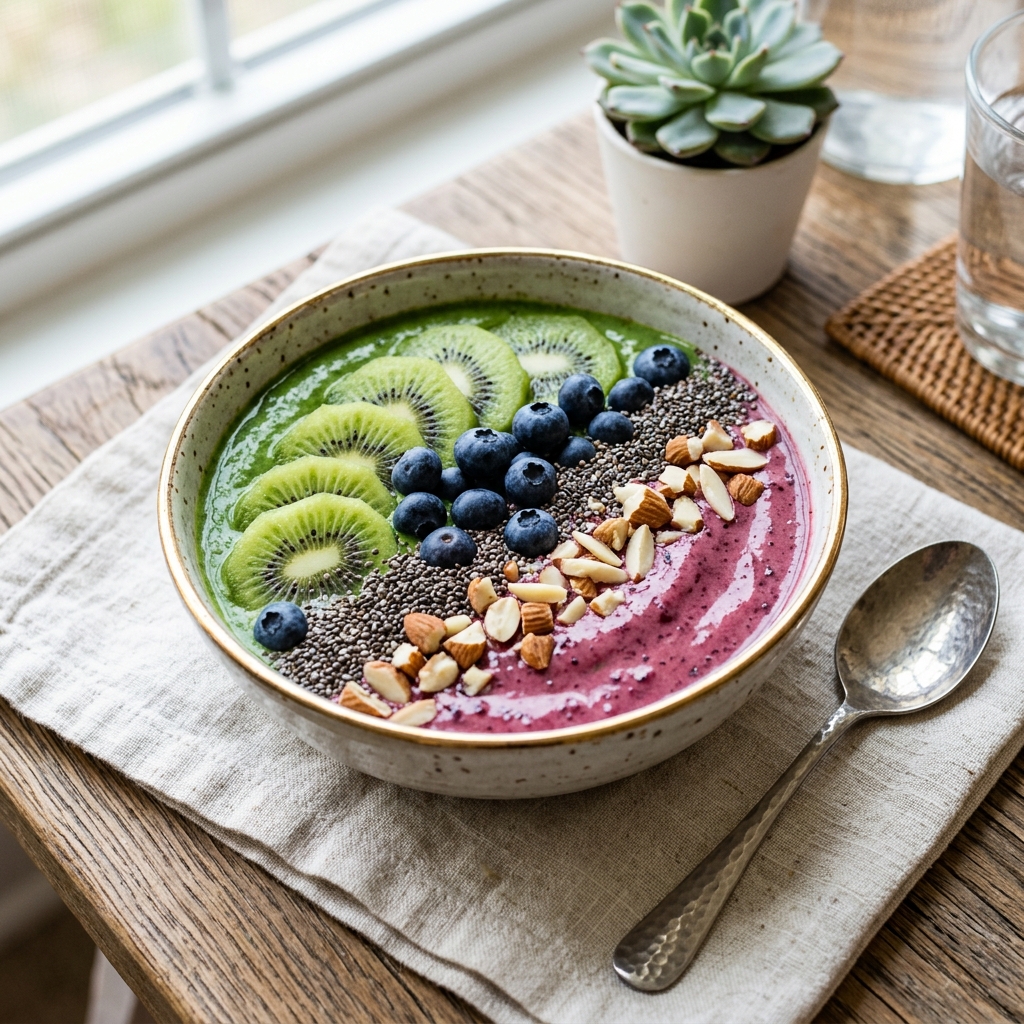 Odżywczy smoothie bowl z owocami, nasionami chia i orzechami